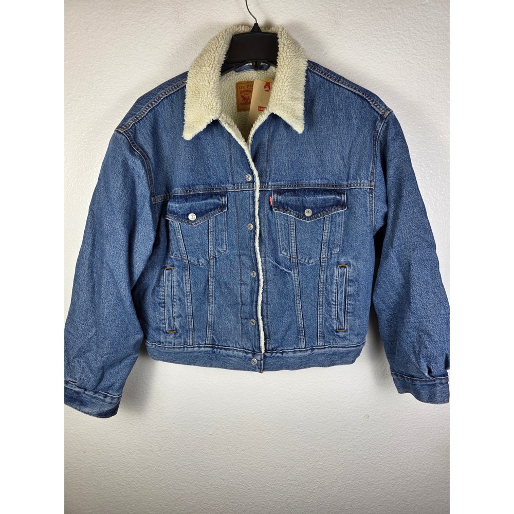 Levis Ex-Boyfriend Sherpa Trucker Jacket Blue Denim Womens Large‎